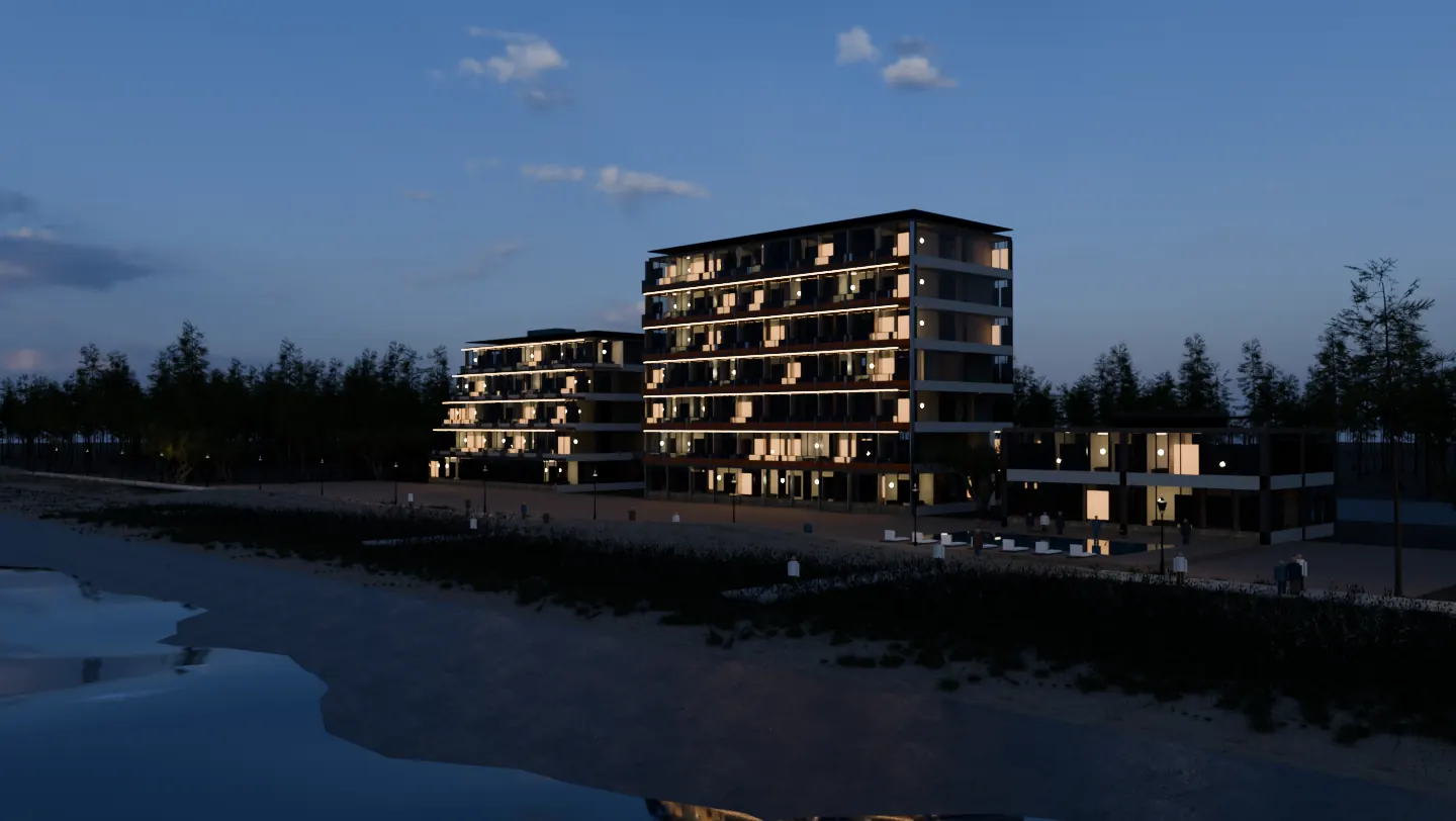 Wizualizacja poglądowa kompleksu hotelowego nad morzem o zmierzchu: aparthotel, apartamentowiec tarasowy i pawilon z basenem